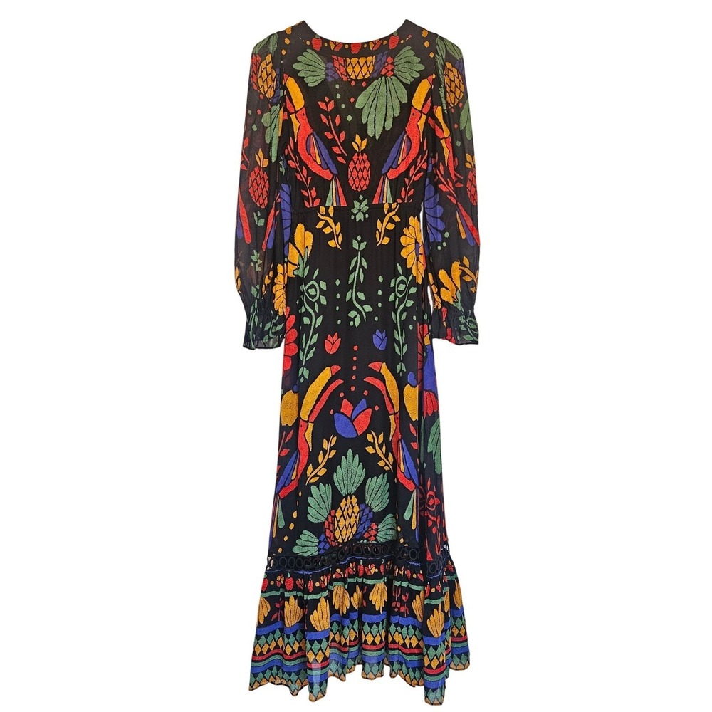 Farm Rio Black Tropical Toucan Floral V-Neck Maxi Dress S Long Puff Sleeve Boho - Picture 11 of 16